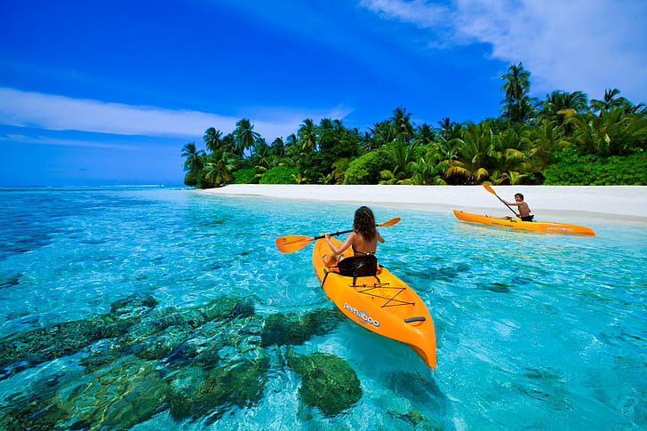 canoe-on-blue-lagoon-in-maldives-two-orange-kayak-wallpaper-preview