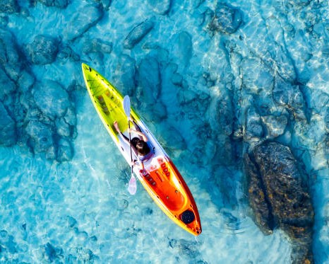 Aerial view of a kayak in the blue sea .Woman kayaking She does water sports activities