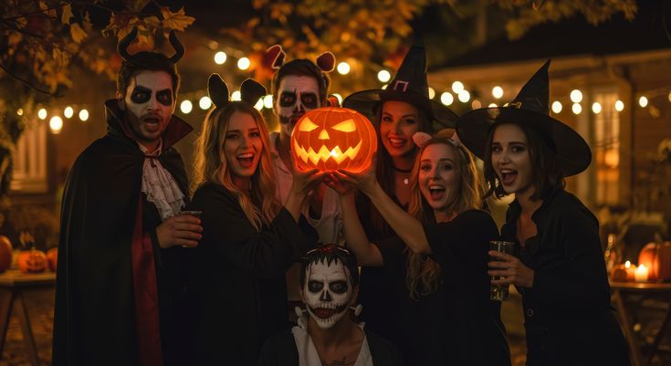 A group of friends, dressed in Halloween costumes, joyfully celebrate the spooky season together. They are holding a lit pumpkin, surrounded by festive decorations and lights, creating a cheerful and spirited atmosphere.